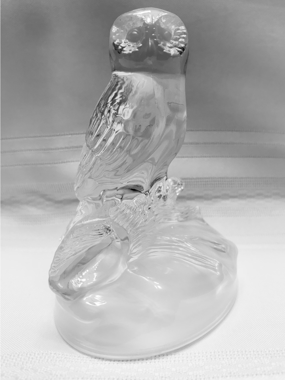 Vintage Cristal d’Arques Crystal Owl Figurine on Branch, Clear Glass